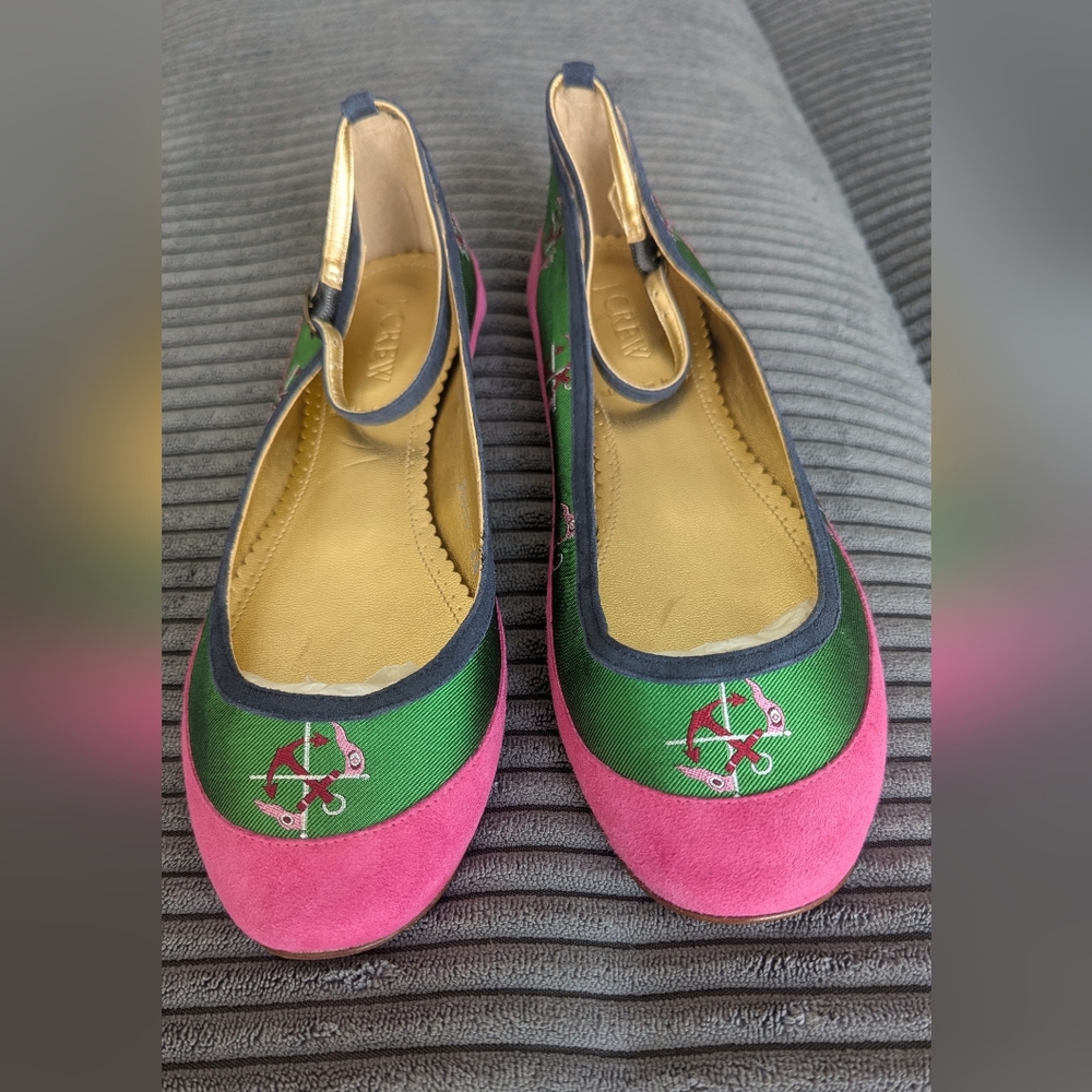 J. Crew Pink and Green Flats with Ankle Strap And Anchor Pattern